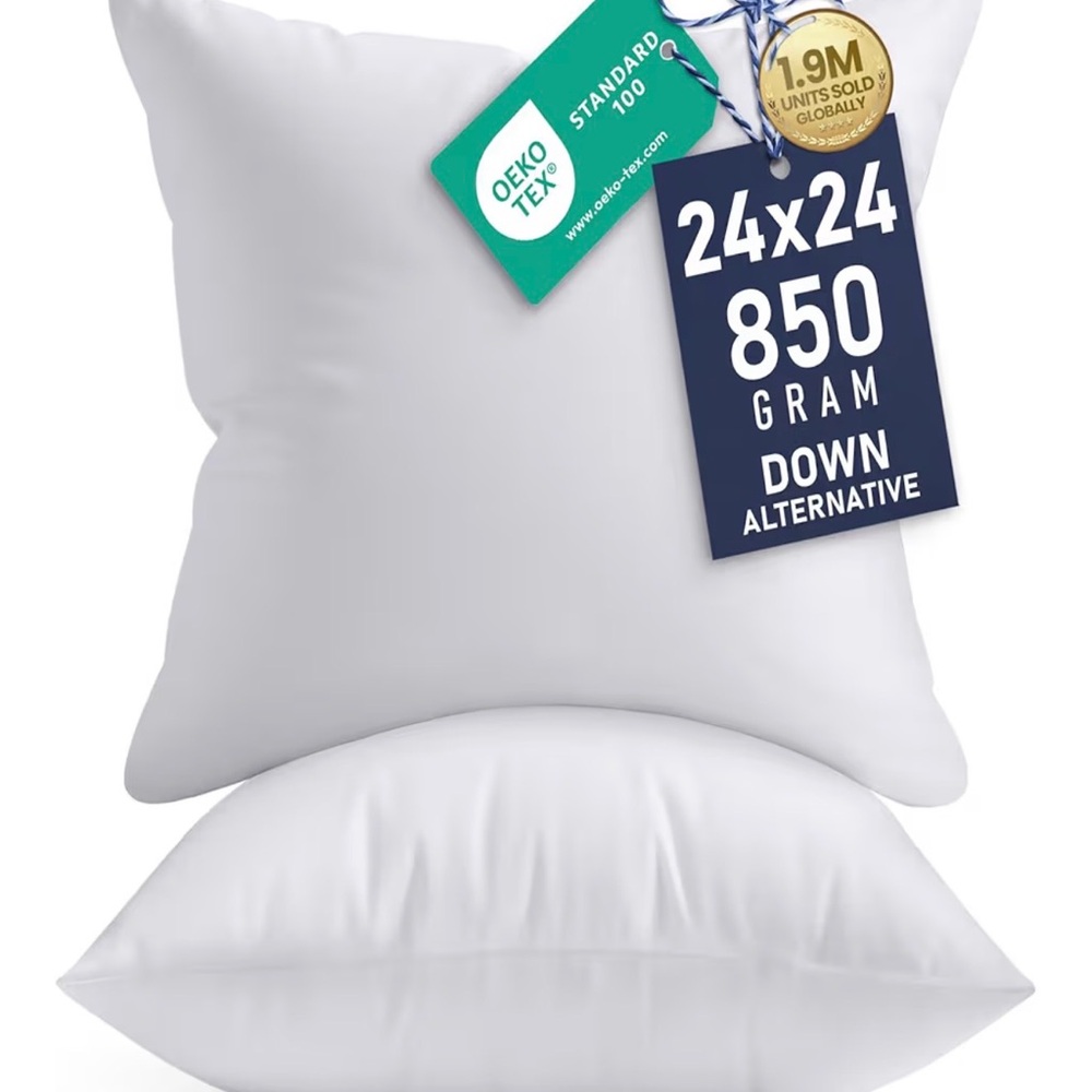 Premium White 24x24 Down Alternative Pillow Inserts (Set of 2)- 850g